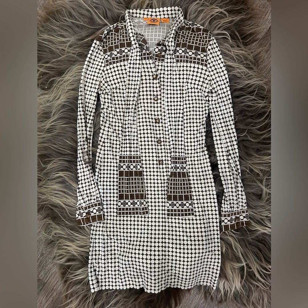 Tory Burch White and Brown Asymmetrical Dot Print Dress
